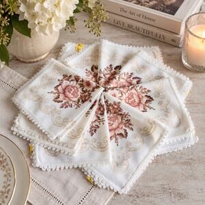 Spanish Floral Napkins Set of 12 Rose Scroll Trim 14.5" Made in Spain